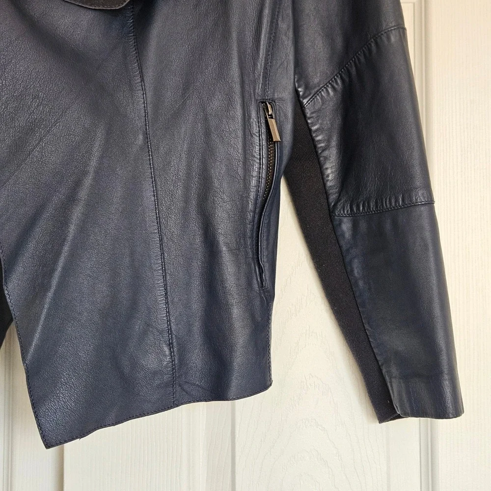 Slate & Willow Genuine Leather Drape Moto Jacket XL Open Front Navy Blue